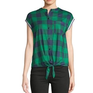 NWT No Boundaries Green Plaid Front Tie Short Sleeve Top Shirt Medium